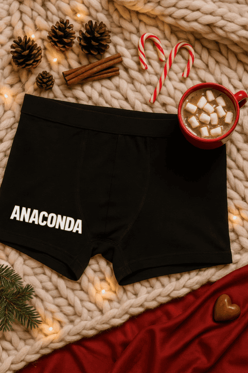 Comfy black boxer briefs with "ANACONDA" printed, cozy holiday scene with hot chocolate and candy canes.