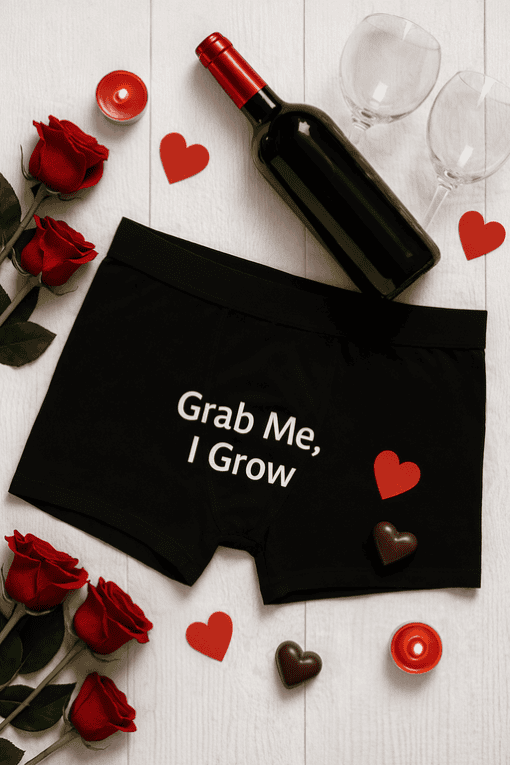 1. Funny women's boxer shorts with "Grab Me, I Grow" print for playful gifting.