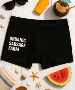 Comfortable black boxer shorts with "Organic Sausage Farm" print for men.