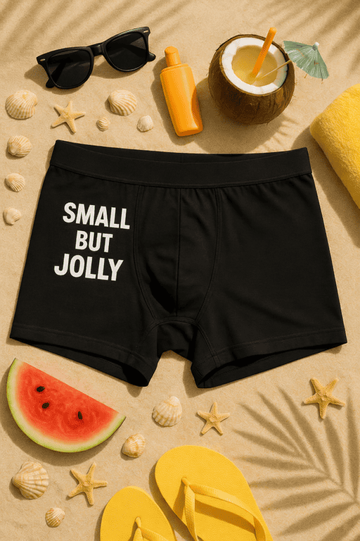 1. Black men's boxer briefs with "Small but Jolly" print for playful style.