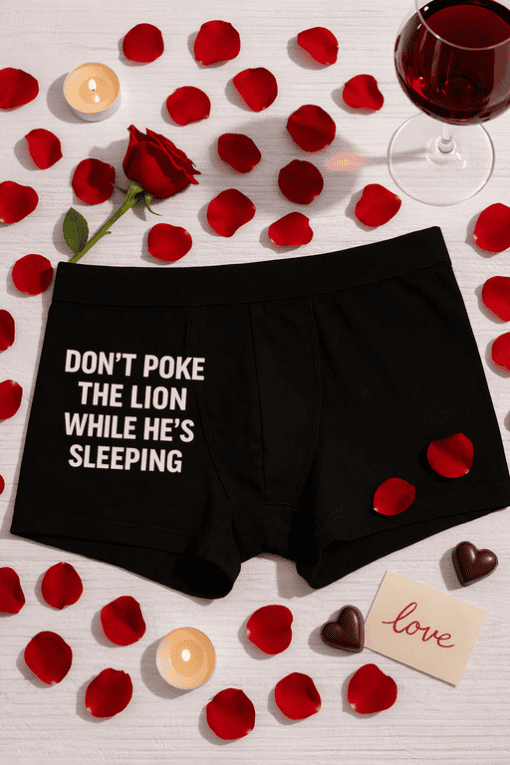 Boxers with humorous quote about "poking the lion" on romantic setting with rose petals and candlelight.