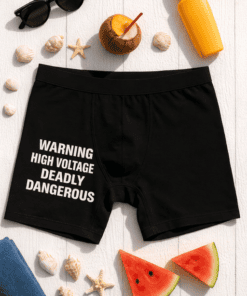 Warning high voltage sexy men's underwear, black boxer briefs with bold text, comfortable and stylish.
