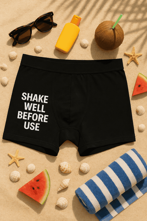 Shark well before use slogan printed men's underwear, summer beach essentials, comfortable black boxer briefs.