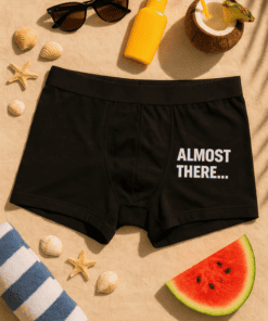 Black men's underwear with "Almost There..." text for trendy casual wear.