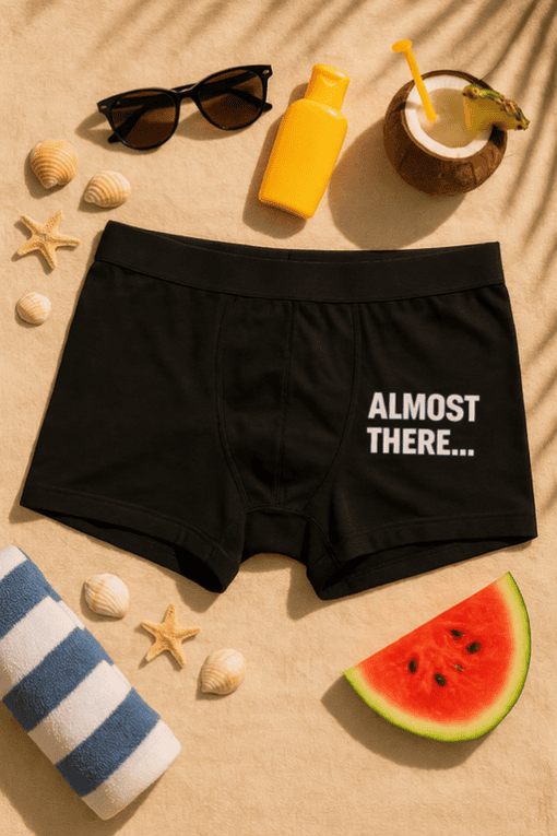 Black men's underwear with "Almost There..." text for trendy casual wear.
