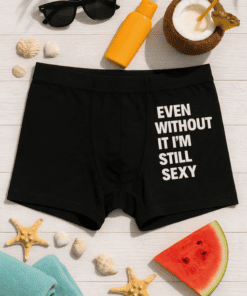 Black men's underwear with bold humorous text, perfect for fun, casual wear.