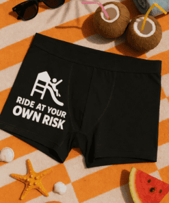 Ride at your own risk funny slogan boxer briefs with safety warning design.