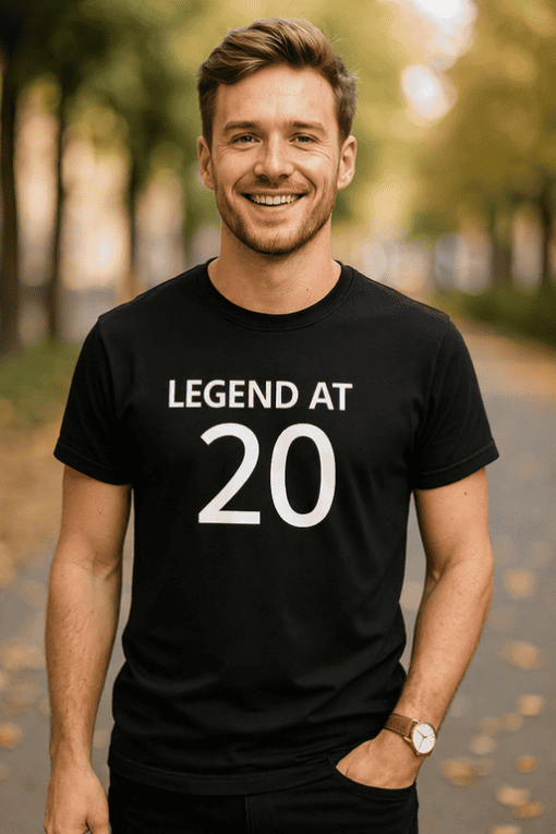 1. Celebration birthday t-shirt with "Legend at 20" slogan for milestone birthdays.