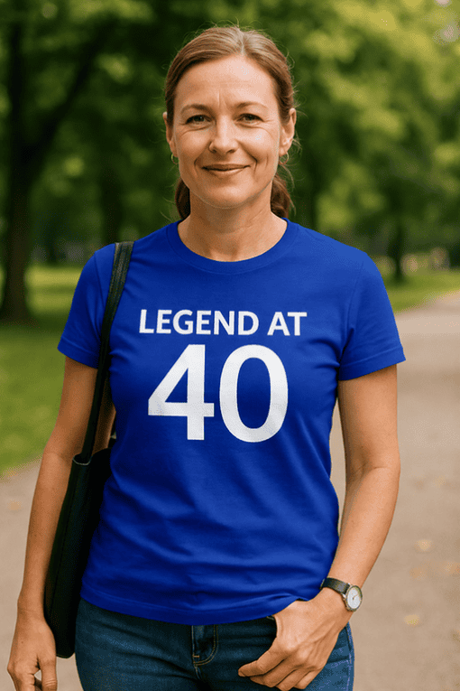 Celebrating 40th birthday with personalized "Legend at 40" t-shirt for women. Perfect for milestone celebrations and birthdays.