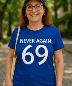 Never again 69 funny birthday T-shirt for women and men, humorous age milestone tee, novelty party shirt.