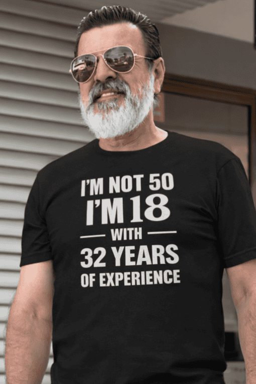 Funny age joke T-shirt for men, humorous birthday gift, casual graphic tee.