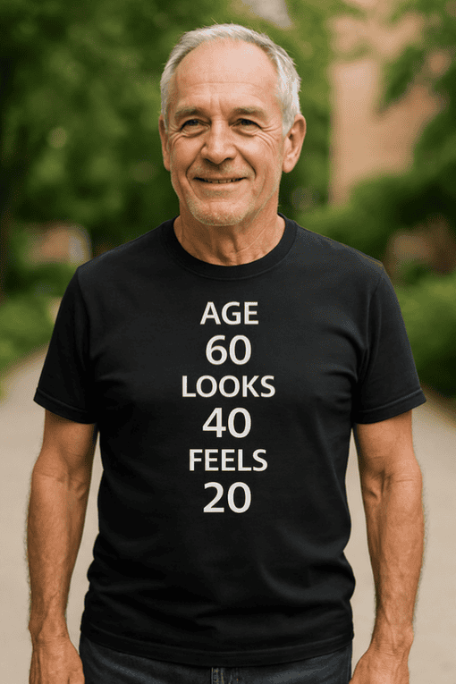 60th birthday t-shirt, funny age humor shirt, age looks 40, feels 20, senior birthday gift idea.