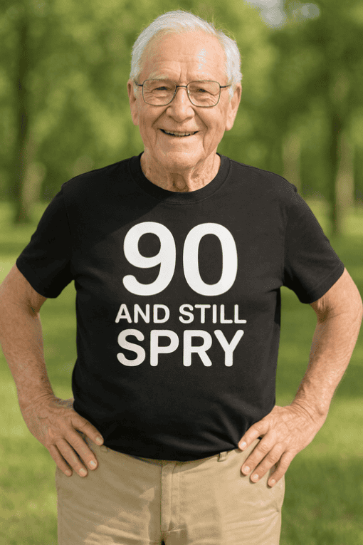 90th birthday shirt for men, funny age milestone T-shirt, senior birthday gift, humorous retirement tee.