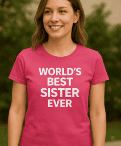 1. Women's pink T-shirt with "World's Best Sister Ever" text for sister gift.