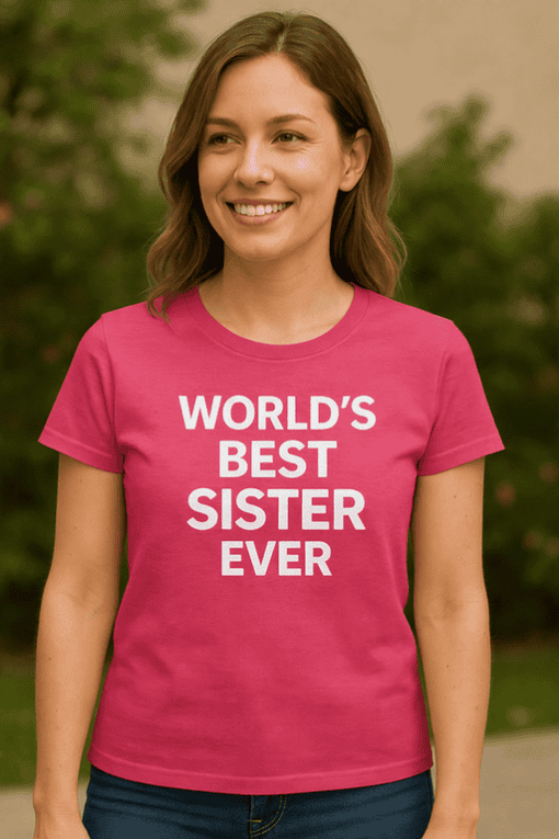 1. Women's pink T-shirt with "World's Best Sister Ever" text for sister gift.