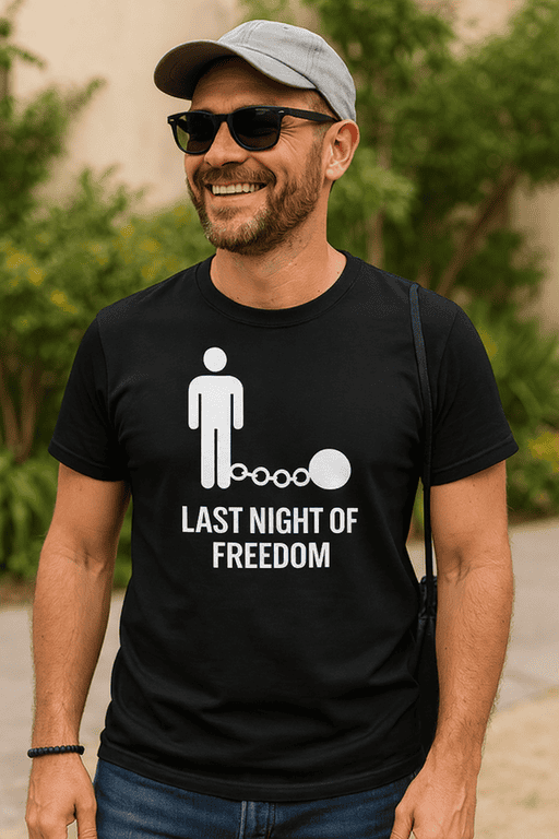 Freedom-themed graphic T-shirt for men with bold statement "Last Night of Freedom" and handcuff graphic. Perfect for fun, casual wear.