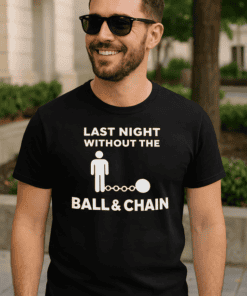 1. Funny men's T-shirt with humorous chain and ball design, perfect for casual wear.