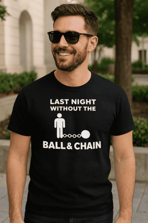 1. Funny men's T-shirt with humorous chain and ball design, perfect for casual wear.