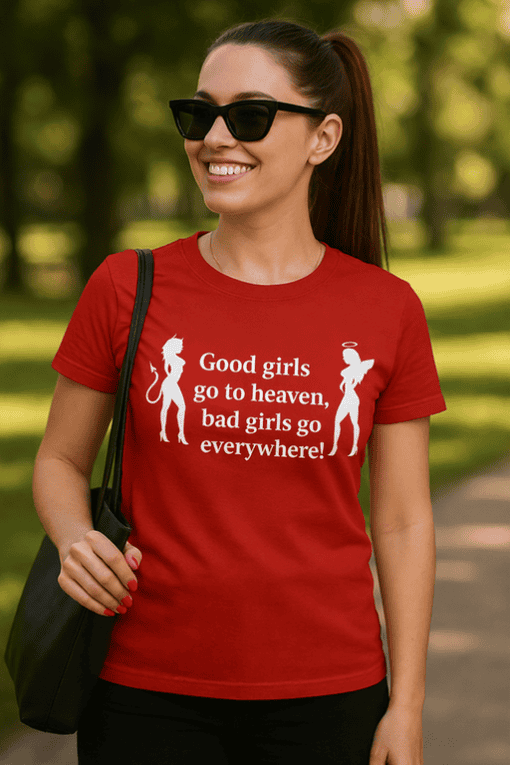 - Women’s red T-shirt with humorous angel and devil silhouette design, perfect for casual wear.