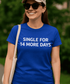 Single for 14 more days funny t-shirt, casual women's graphic tee, humorous dating humor shirt, tshirtplease.com.