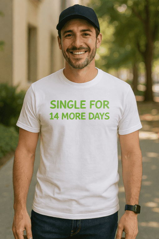 1. Single for 14 more days funny message t-shirt, casual men's tee, gift idea.
