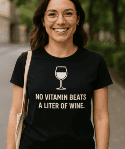 Wine lover t-shirt with humorous quote, perfect for casual wear or gifting. Unique wine-themed fashion for women.