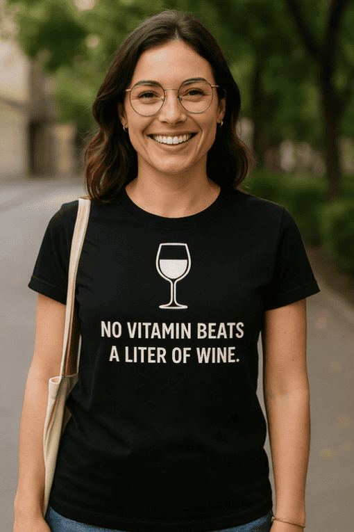 Wine lover t-shirt with humorous quote, perfect for casual wear or gifting. Unique wine-themed fashion for women.