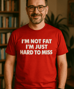 Comfortable red T-shirt with humorous "I'm not fat, I'm just hard to miss" slogan for casual wear and fun fashion statements.