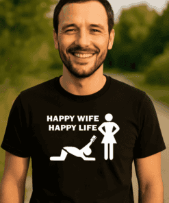 Happy wife happy life t-shirt with humorous husband and wife graphic, perfect for couples or fun gift ideas.