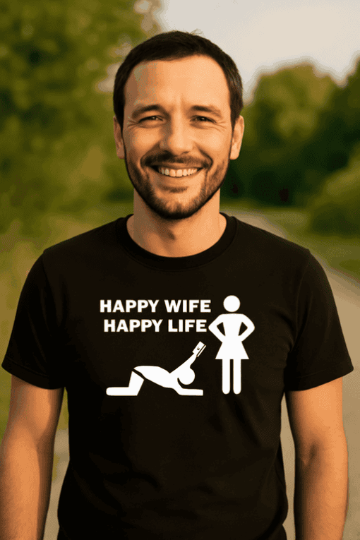 Happy wife happy life t-shirt with humorous husband and wife graphic, perfect for couples or fun gift ideas.