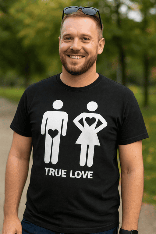 Love humor t-shirt, funny couple graphic tee, romantic relationship shirt, true love gender icons, matching couple t-shirt.