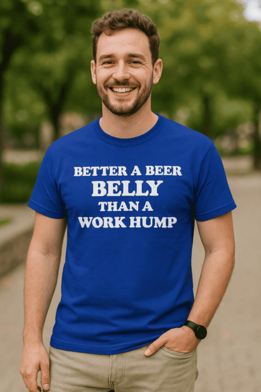 1. Funny men's t-shirt with beer belly joke, casual wear, trendy graphic tee.