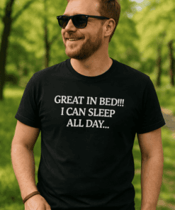 Comfortable men's sleep t-shirt with humorous "Great in Bed" quote, perfect for casual wear and sleep comfort.