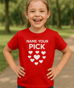 1. Customizable red kids' t-shirt with heart design and personalized text for special occasions.