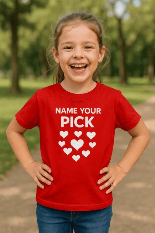 1. Customizable red kids' t-shirt with heart design and personalized text for special occasions.