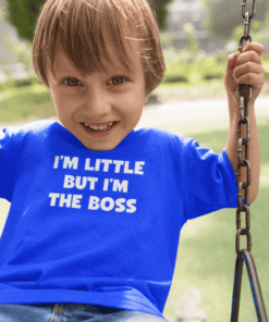 Smiling boy wearing blue t-shirt with funny slogan at playground.