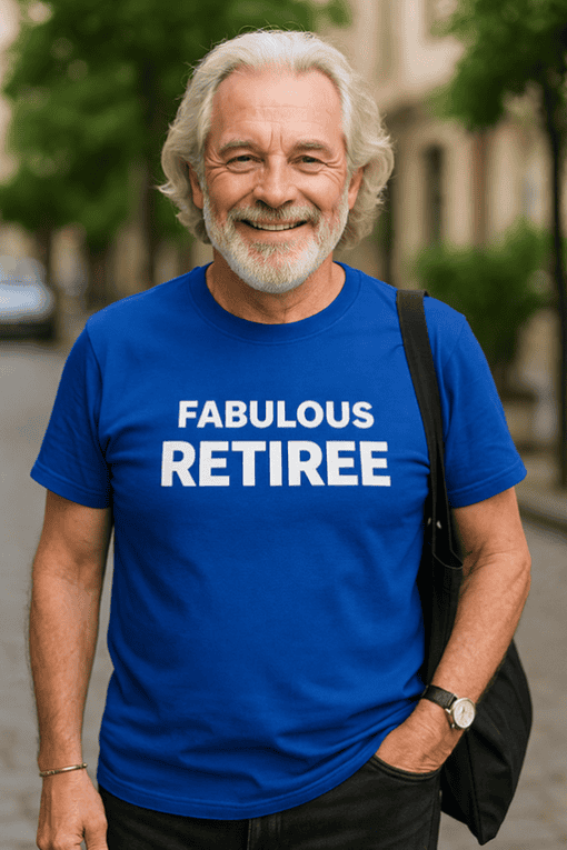 Comfortable retiree T-shirt, senior retirement clothing, casual senior gift idea, vibrant blue tee for elderly.