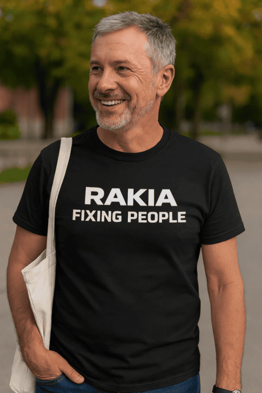 Rakia fixing people t-shirt, funny casual men’s tee, humorous graphic tee for friends and family, men's novelty t-shirt for social events.
