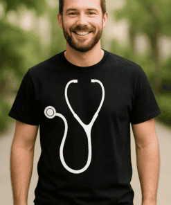 Medical stethoscope graphic on black t-shirt, casual outdoor setting, healthcare, medical professional attire, Tshirtplease.com.