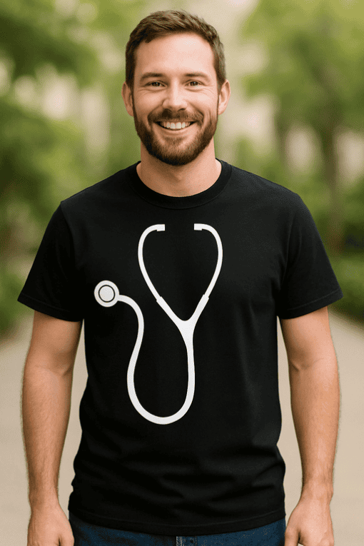 Medical stethoscope graphic on black t-shirt, casual outdoor setting, healthcare, medical professional attire, Tshirtplease.com.