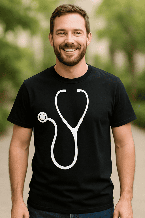 Medical stethoscope graphic on black t-shirt, casual outdoor setting, healthcare, medical professional attire, Tshirtplease.com.