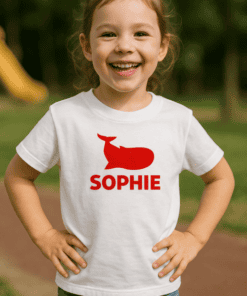 Cute girl wearing personalized T-shirt with whale and name Sophie, perfect for kids' custom clothing.