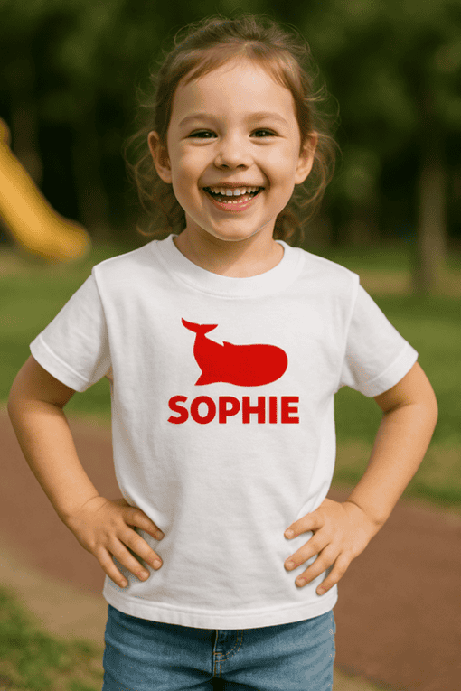 Cute girl wearing personalized T-shirt with whale and name Sophie, perfect for kids' custom clothing.