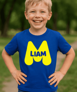 Bright blue kids' T-shirt with personalized "LIAM" and playful yellow letter M design, perfect for kids' sizes.