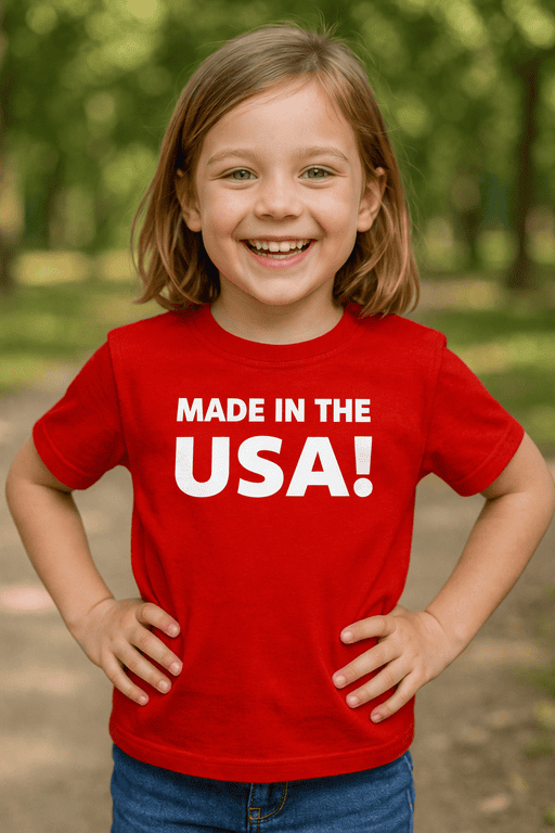 Made in USA kids T-shirt, happy girl wearing patriotic cotton tee, children’s American pride apparel.