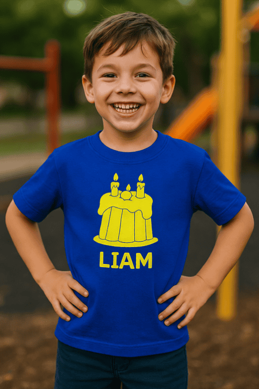 1. Custom kids birthday t-shirt with name Liam and cake graphic.