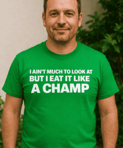 Loving green t-shirt with humorous food-themed quote, perfect for casual wear and comedy lovers.
