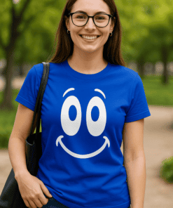 Smiley face graphic T-shirt, casual women's clothing, happy mood, vibrant blue color, trendy tee for everyday wear.