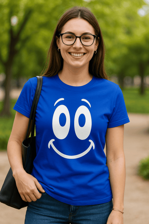 Smiley face graphic T-shirt, casual women's clothing, happy mood, vibrant blue color, trendy tee for everyday wear.