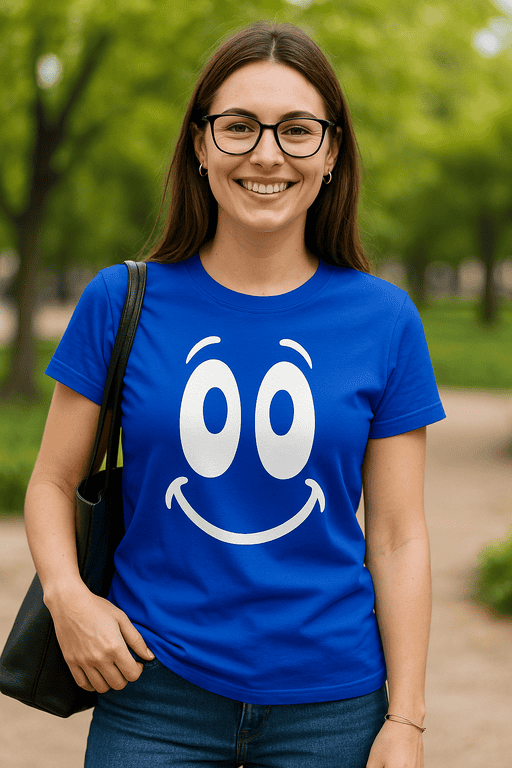 Smiley face graphic T-shirt, casual women's clothing, happy mood, vibrant blue color, trendy tee for everyday wear.